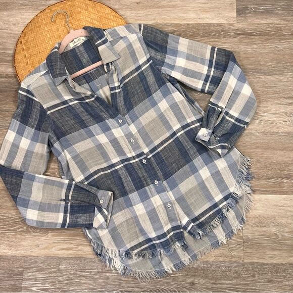 Anthropologie Bella dahl gauze cotton linen blue plaid button down shirt‎ - Picture 1 of 7